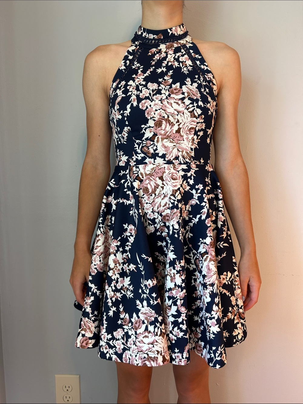 Navy Floral Mini Dress with Blush Roses, B Darlin